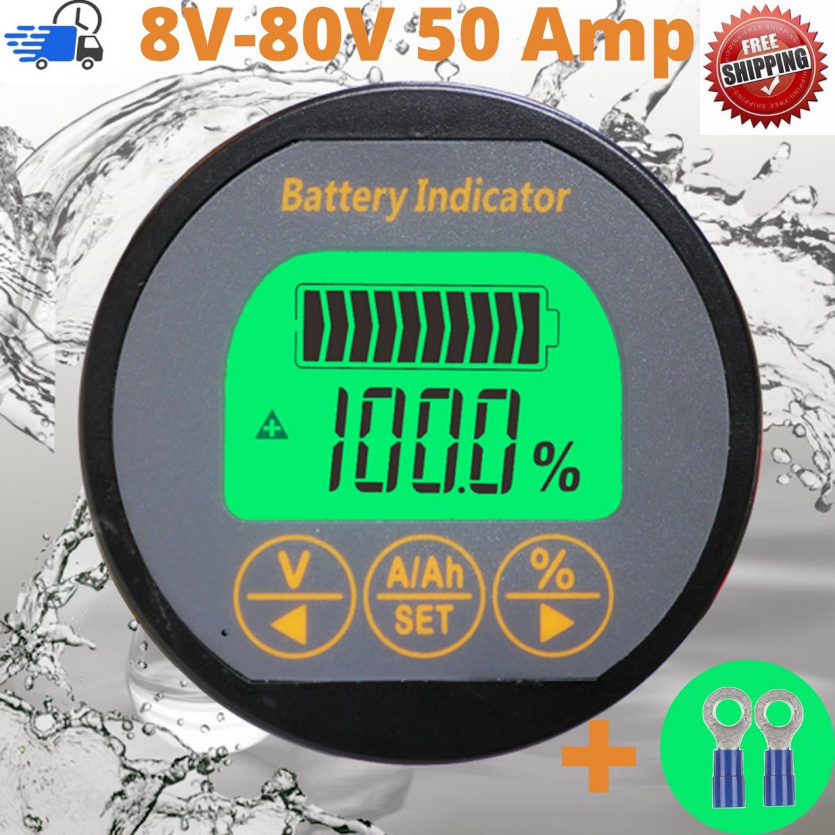 Battery Capacity Monitor DC 8V80V50A SOC Volt Amp Ah Indicator Shunt